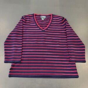LRL Lauren Ralph Lauren Top L Women's Red Blue Striped V-Neck Pullover Classic